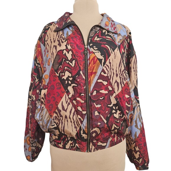 East West Silks Jackets & Blazers - East West Silks Animal Print Patchwork Silk Bomber Jacket Large Red Boho Vintage